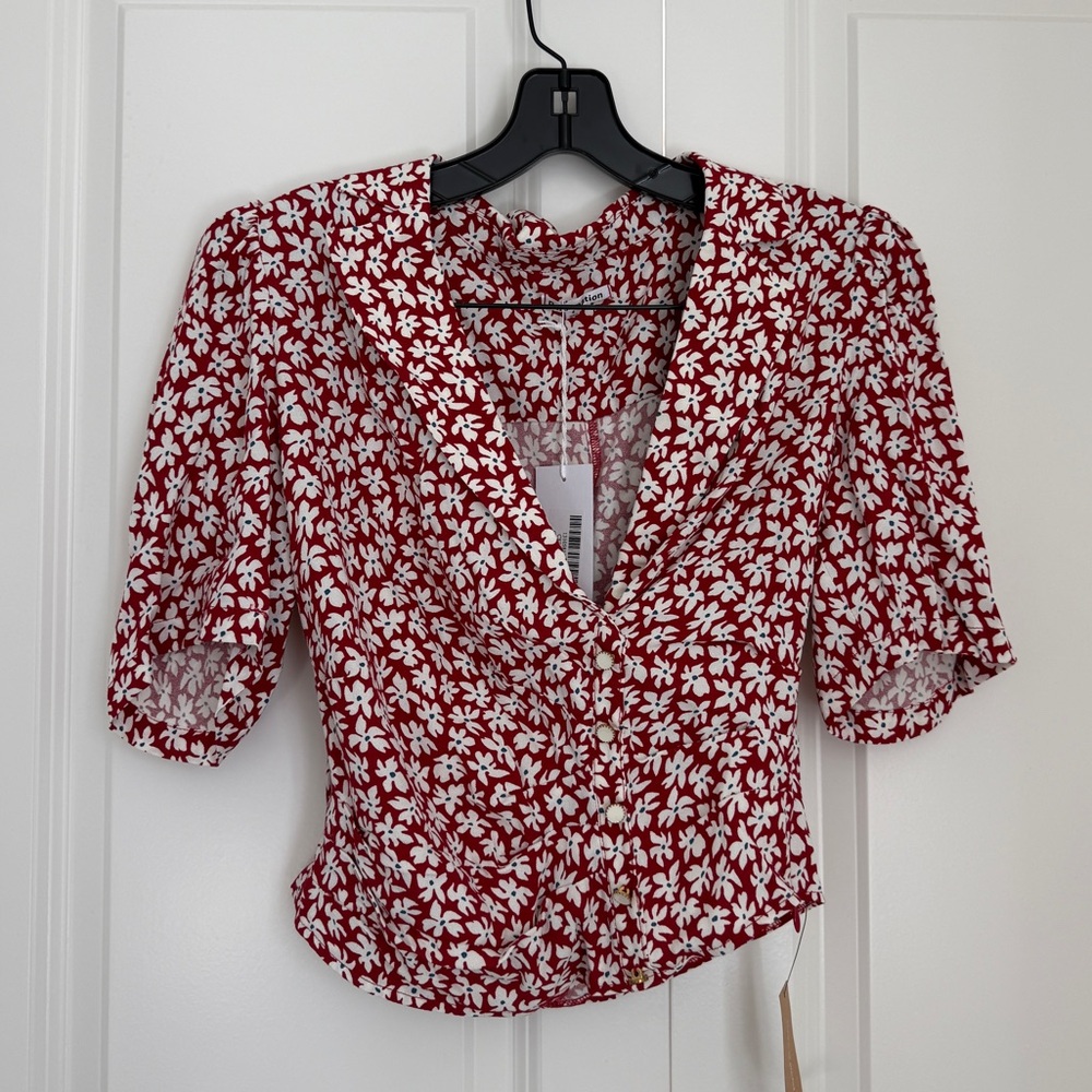 Reformation Red and White Floral V-Neck Puff Sleeve Top